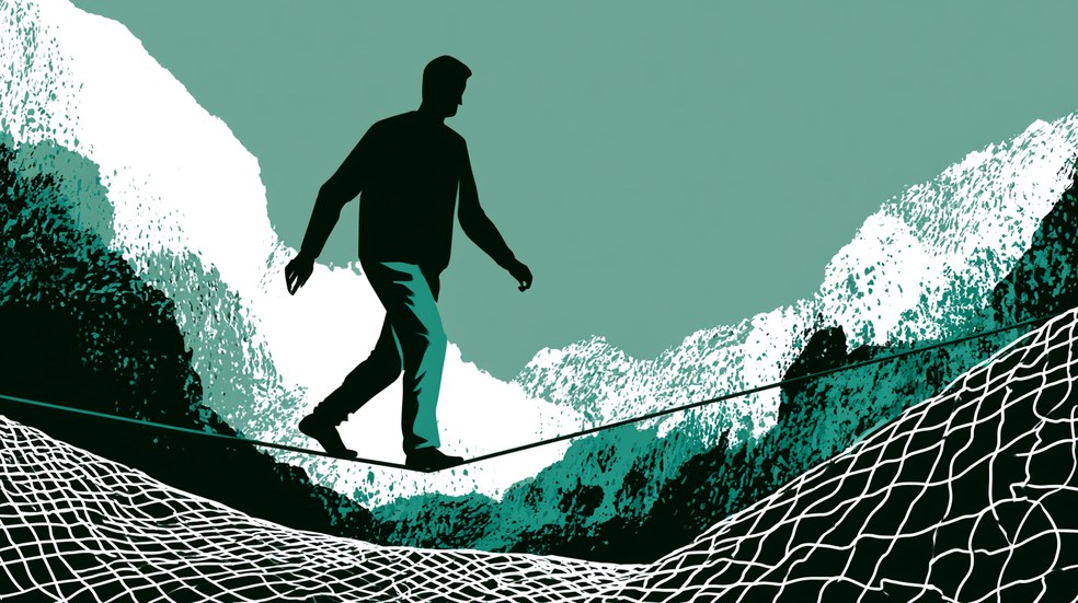 A tightrope walker above a safety net, illustrating AI as a safety net for claims adjusters